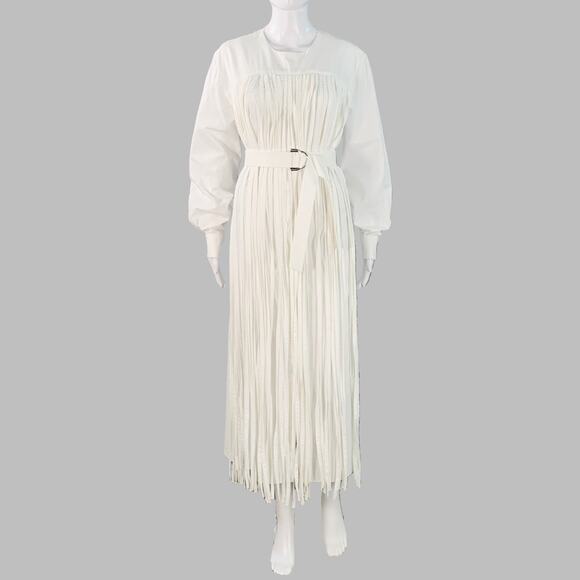 MANTU Size M White Cotton Fringe Belted Midi Dress - Picture 1 of 9